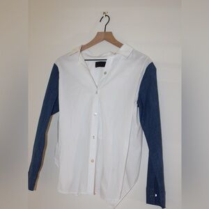 Line and Dot Denim and White Button Down with cropped back and ties.